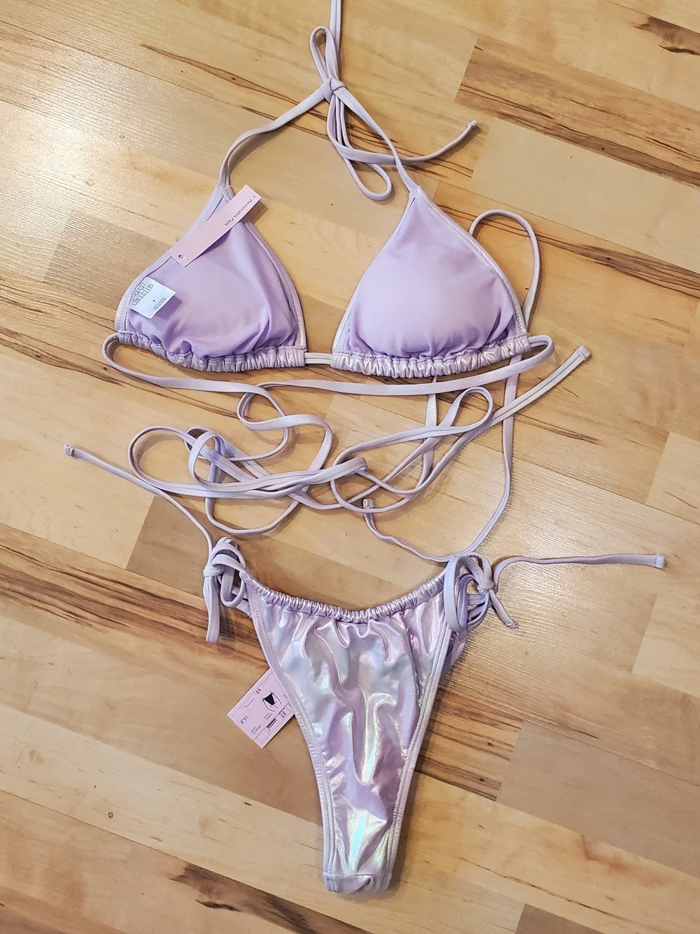 NWT Light Lavender Iridescent Extreme Wrap Ties Triangle Top With Cheeky Bottoms